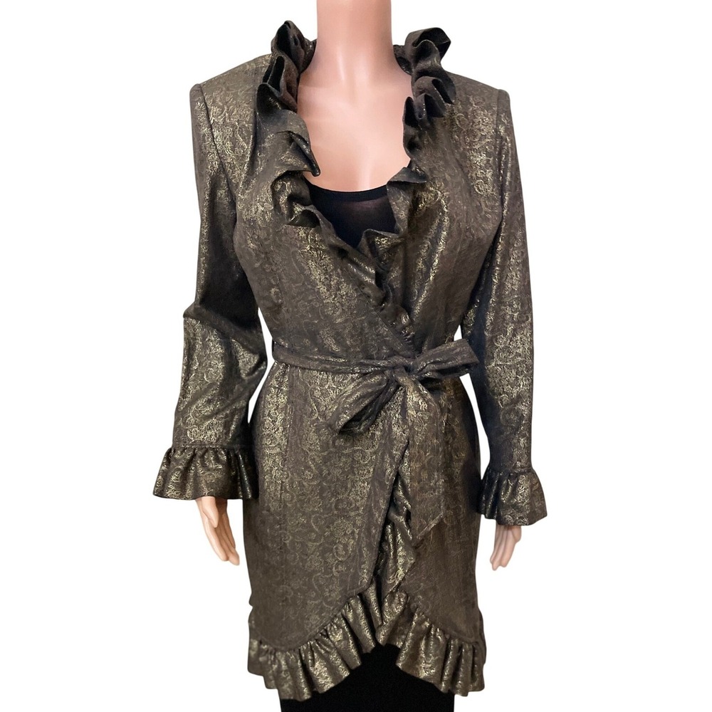 Lisa Rene Cotton Brocade Wrap Jacket Gold Black Ruffle Evening Glam Size 10